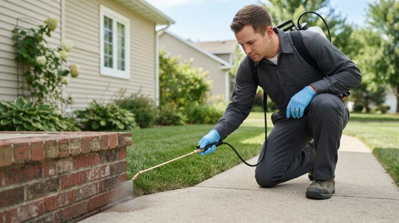 Pest control technician treating a home near Prudenville, MI