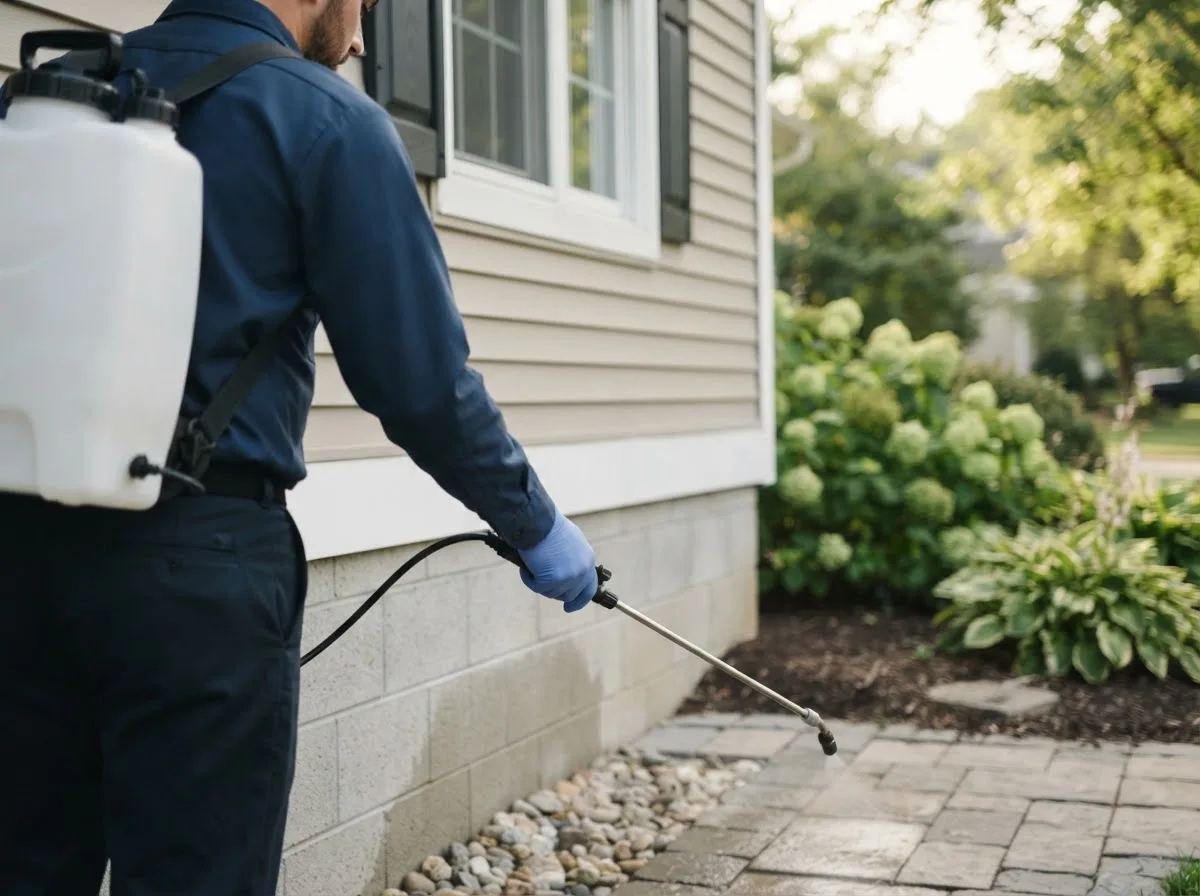 Pest control technician inspecting a home in Prudenville, MI